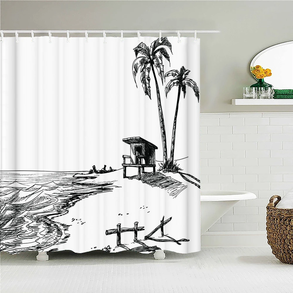 

landscape Shower Curtain Beach Ski Black White Simple Sketch Waterproof Polyeste Fabric Bathtub Decor Bathroom Curtains