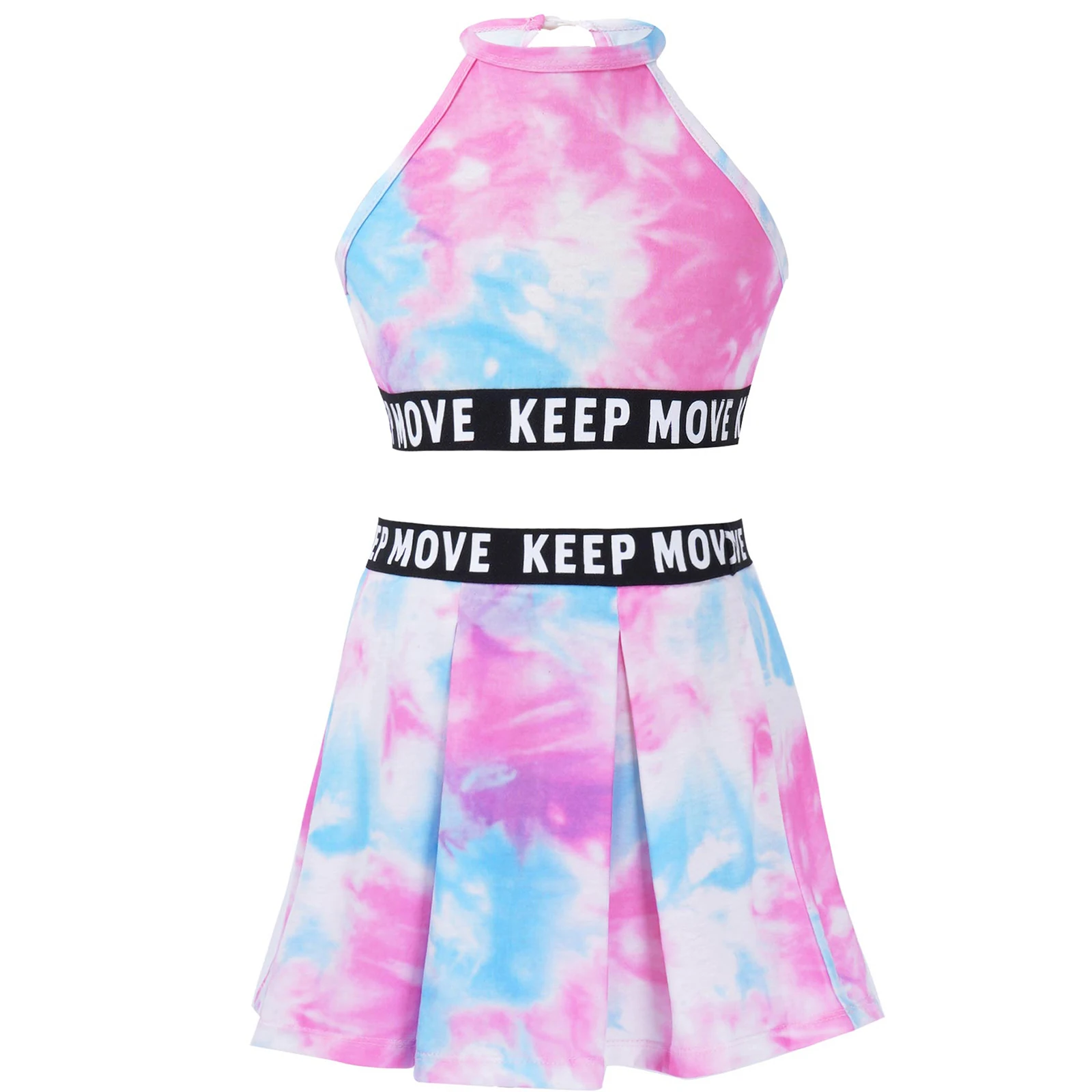 Kids Girls Tie Dye Print Sport Suit Halter Neck Sleeveless Crop Vest Tops and Pleated Skirt Set for Gym Tennis Dance Workout
