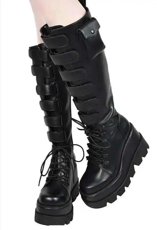 

New Brand Design Lace Up Motorcycles Boots for Women Platform Wedges High Heels Knee High Boot Female Steampunk Shoe Big Size 43