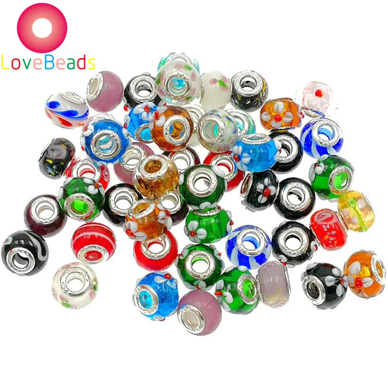 

10Pcs Mixed Colorful Flower Art Beads Murano Charms Big Hole European Glass Beads Fit Pandora Bracelet Chain Necklace Jewelry