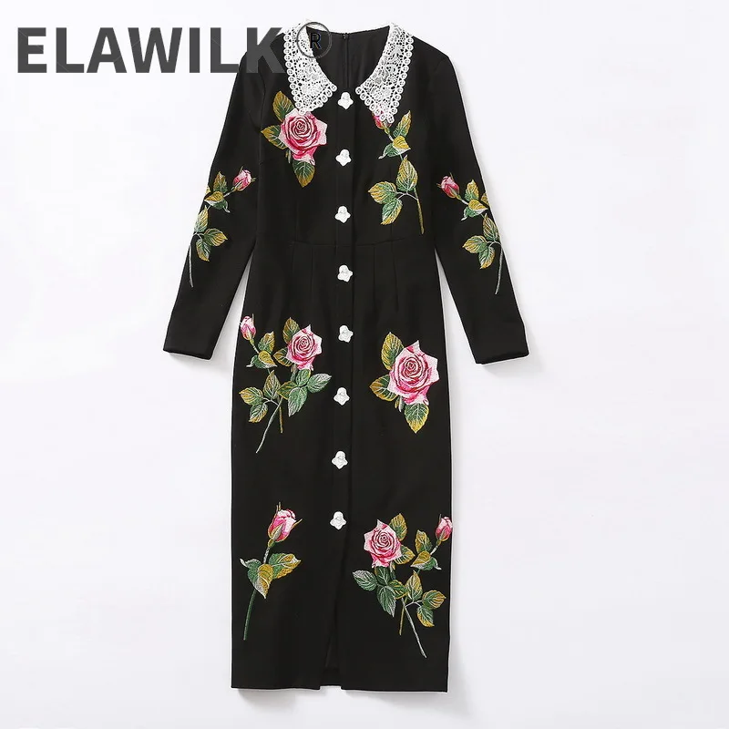 

Chic Women autumn floral embroidery dress High quality women elegant black dress C237