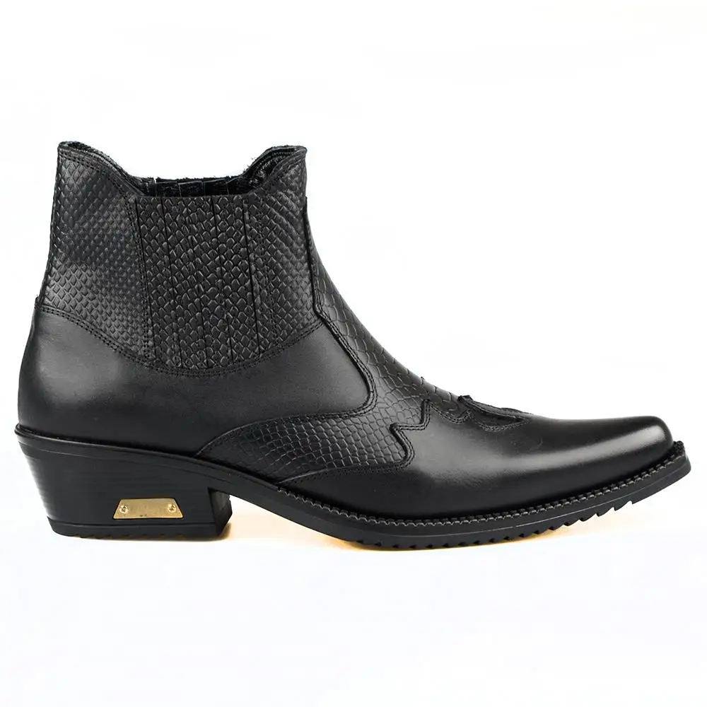 Beste Footcourt-Zwart Cowboy Enkellaarsjes Voor Mannen Vintage Snip Teen Texas Rijlaarzen Stretch Mannen Retro Westerse Laarzen Echt Lederen