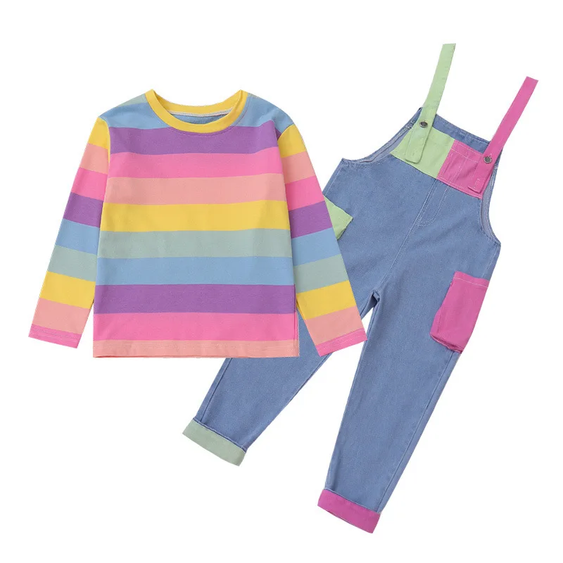 

Foreign Children Suit Girl Spring and Autumn Big Boy Rainbow Long-sleeved Patch Strap Pants Two-piece Tide Clothes Tweed Set