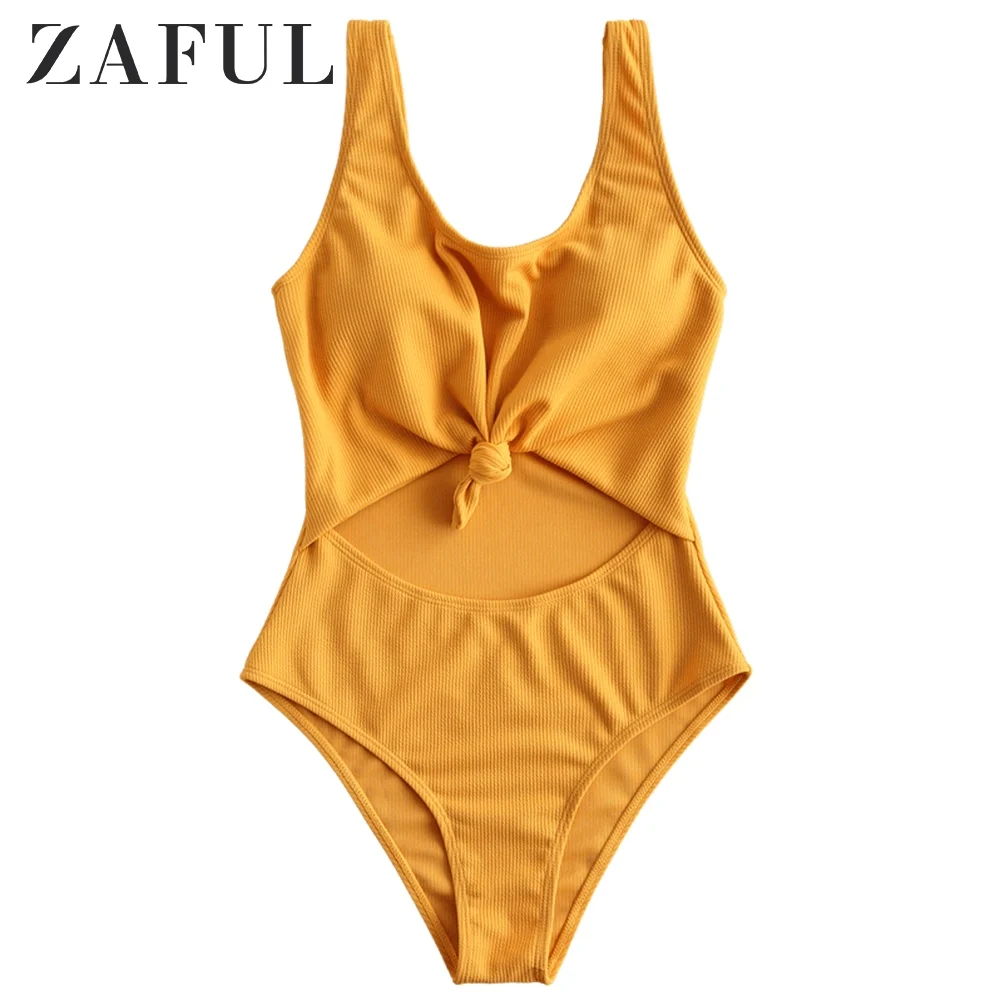 Женский купальник в рубчик ZAFUL с вырезами открытой спиной однотонная