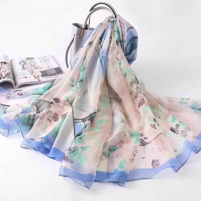 

Newly Women Silky Scarf Smooth Soft Thin Sun Protection See-through Printed Beach Shawl FIF66