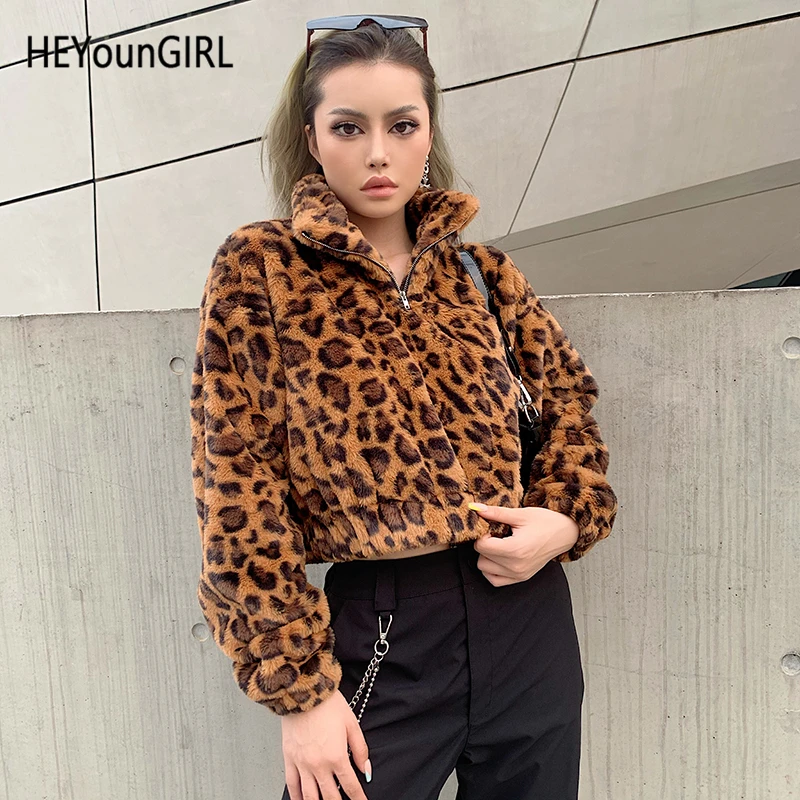 HEYounGIRL леопардовая Толстовка на меху с животным принтом женская Повседневная теплая Осенняя толстовка с капюшоном Женский пуловер на молнии с отложным воротником Топ