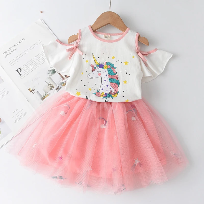 

Baby Girls Casual Clothing Sets Summer Cartoon Unicorn T-shirt And Embriodery Skirts 2Pcs Suit Princess Outfits Children Clothes