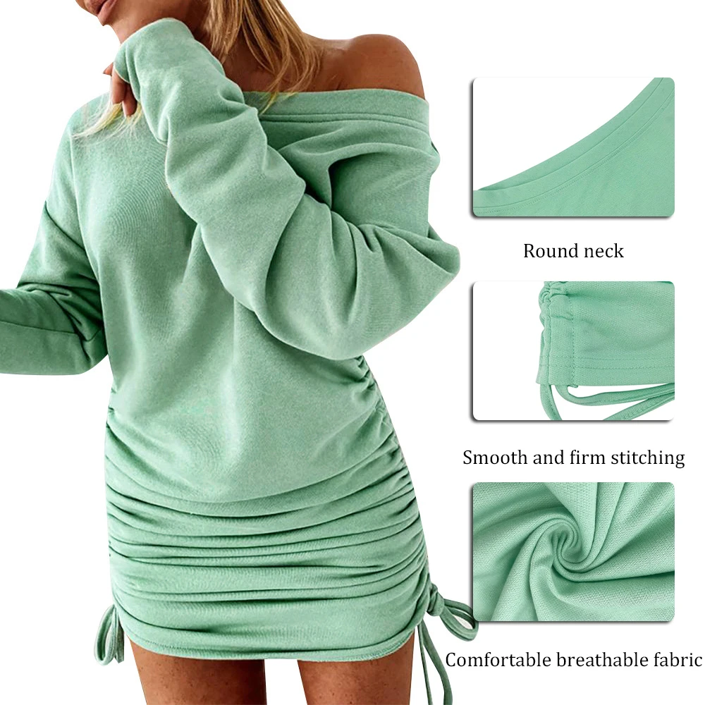 

Ruched Pleated Bodycon Dress Women Drawstring Long Sleeve Mini Party Dress Solid Basic Skinny Girls Casual Dress Short