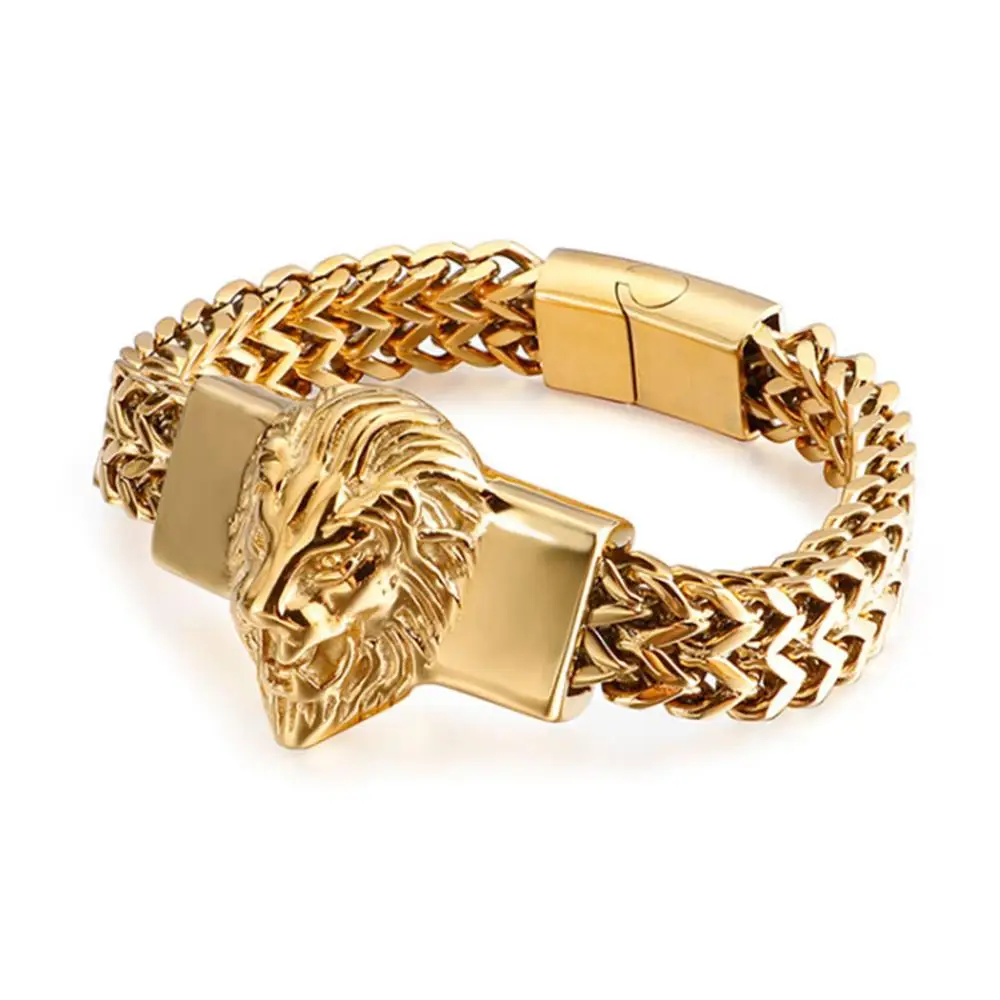 

12 мм сильный 316L Нержавеющая сталь Золото Тон в стиле «панк» с изображением головы льва со стильными пряжками и цепочкой плетения Фигаро муж...