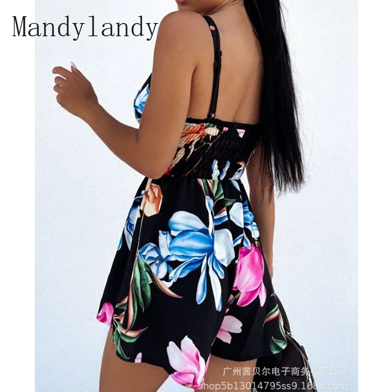 

Mandylandy Playsuits Summer V-neck High Waist Spaghetti Strap Playsuits Women's Casual Floral Print Slim Fit Bandage Playsuits