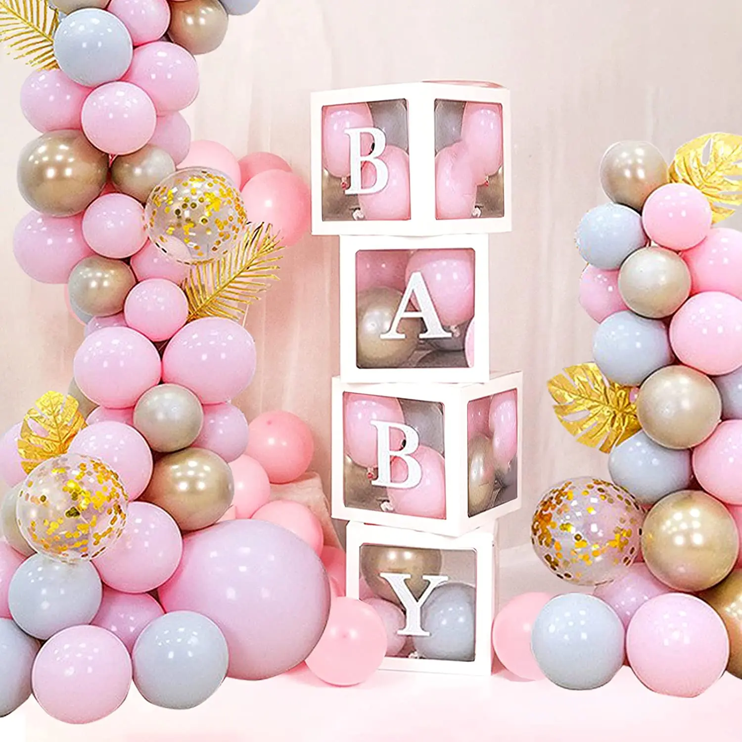 

81PCS Balloons with Baby Boxes Pink Balloons Garland Kit Transparent Block Boxes for Birthday Party Baby Shower DIY Decorations