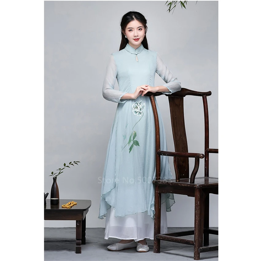 Женское Элегантное летнее шифоновое платье Ао Дай с длинным рукавом вьетнамское