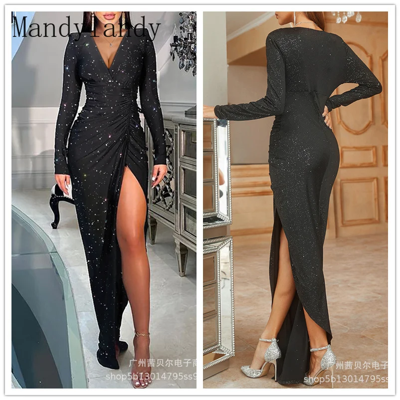 

Mandylandy Women's Elegant Ruched Party Evening Dress Lady Sexy Fashion Long Sleeve V Neck High Waist Slit Prom Gown