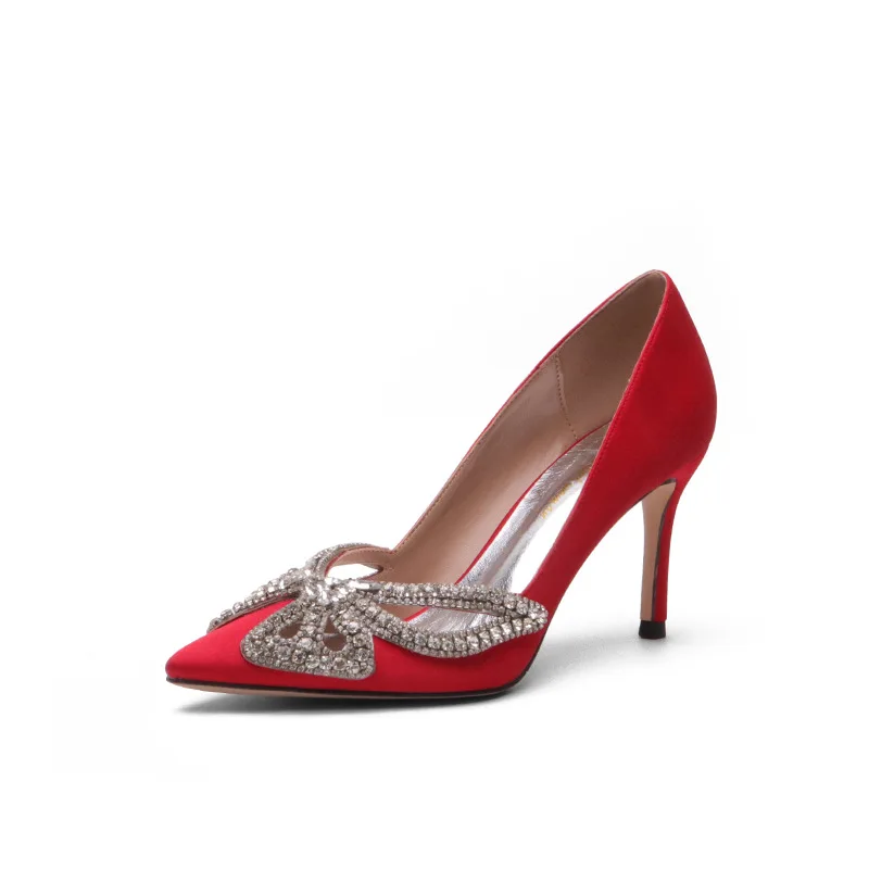 

2020 new spring pointed women's high-heeled boots bow rhinestone dinner stiletto shoes red wedding shoes