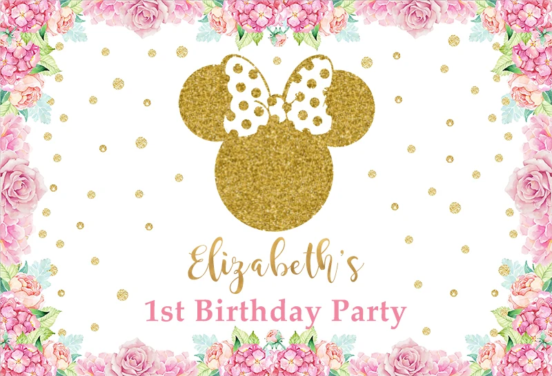 

Пользовательский золотой мышь розовые цветы в горошек День рождения фото Фон фотографии качественный винил