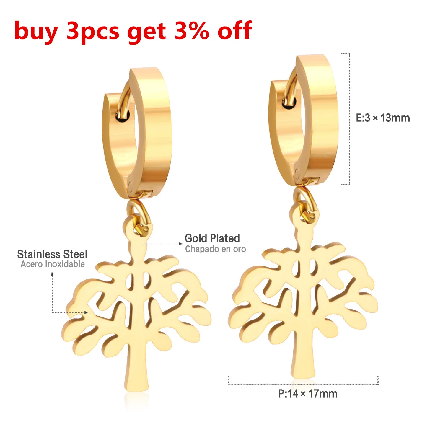 Женские серьги кольца LUXUSTEEL из нержавеющей стали с подвеской в виде дерева