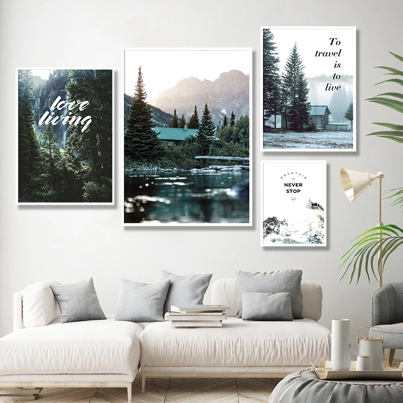 

Modern Scandinavian Poster Forest Misty Snow Mountain Landscape Canvas Painting Prints Pictures Wall Art For Living Room Decor