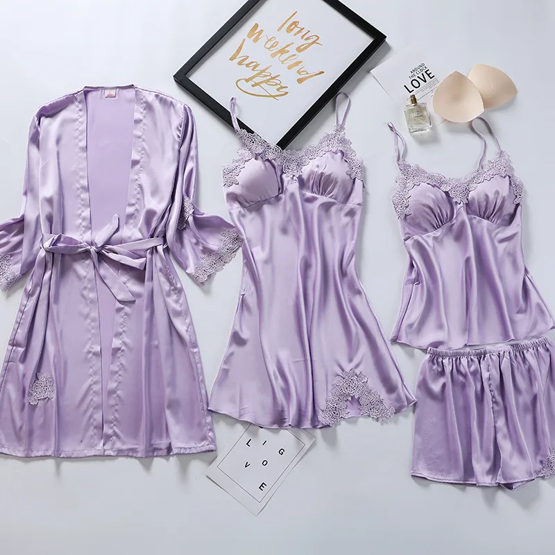 

Pajama Women Summer 4PCS Sleepwear Casual Soft Kimono Bathrobe Gown Sexy Lace Nightwear Homewear Silky Women Satin Sleep Set