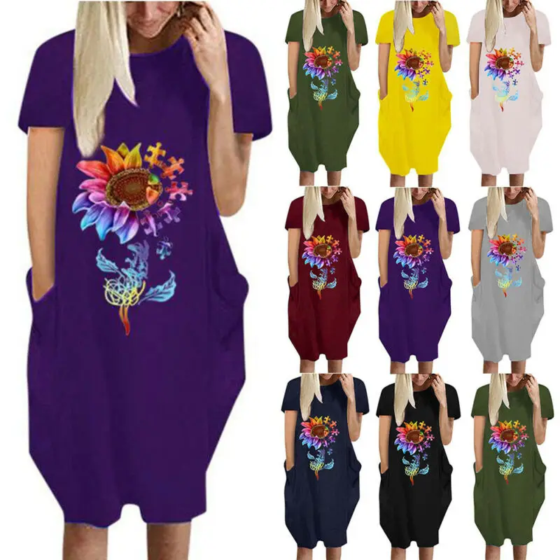 

Loose Pocket Dress Women Print Crew Neck Short Sleeve Shirt Dress Casual Dresses Women Clothing Drop Shipping
