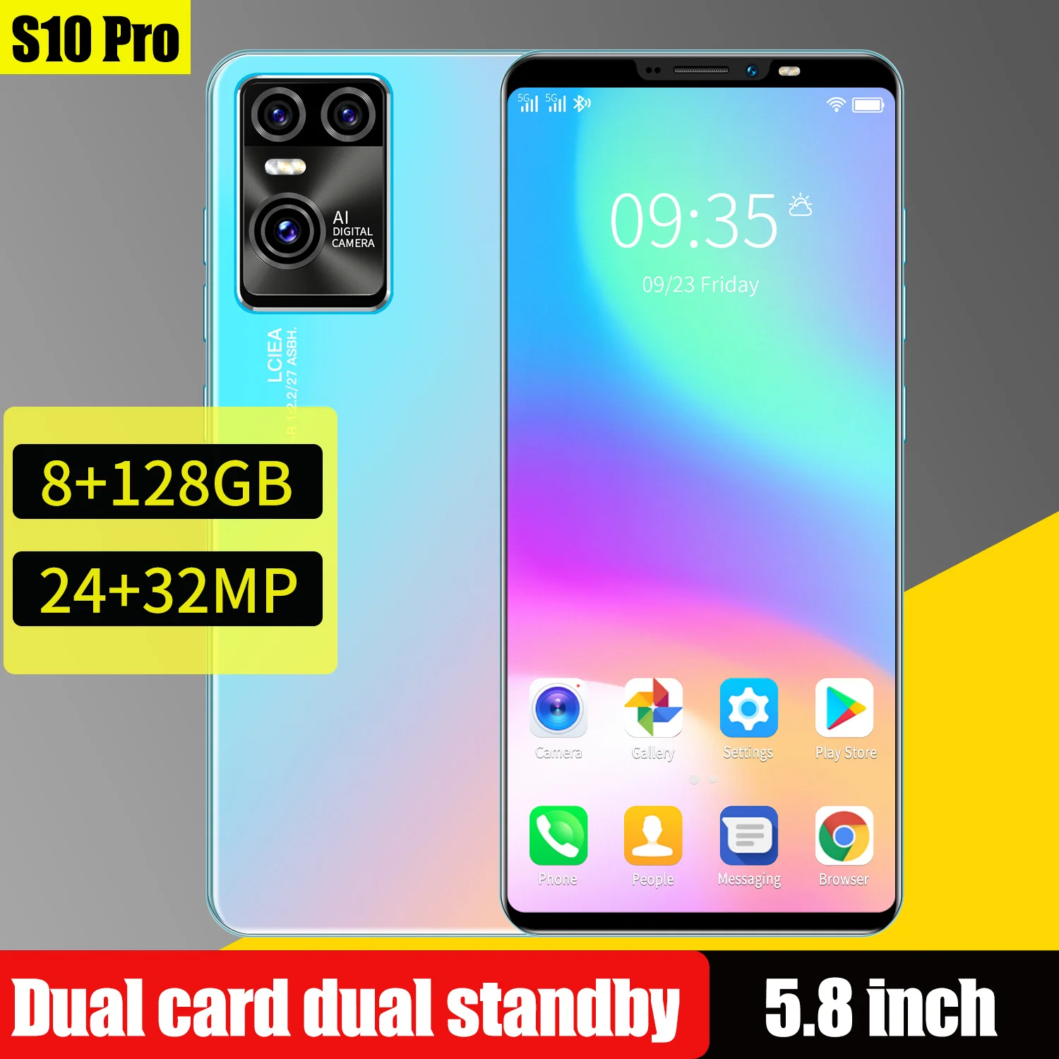 

New Arrival S10 Pro 5.8Inch 8+128G 24+32MP 5000MAH Smartphone 5G 1440*3400 MT6898 10Core Face Finger ID Dual SIM Gloabl Version