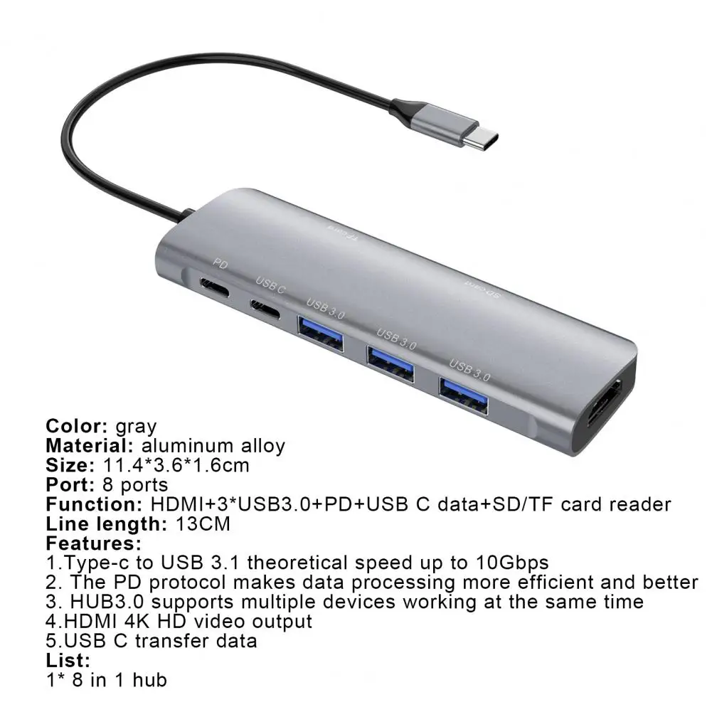 

8-in-1 Type-C Hub to 4K 3 USB 3.0 PD Micro-SD/TF Card Reader USB-C Docking Station Converter Type-C Hub Aluminum Alloy