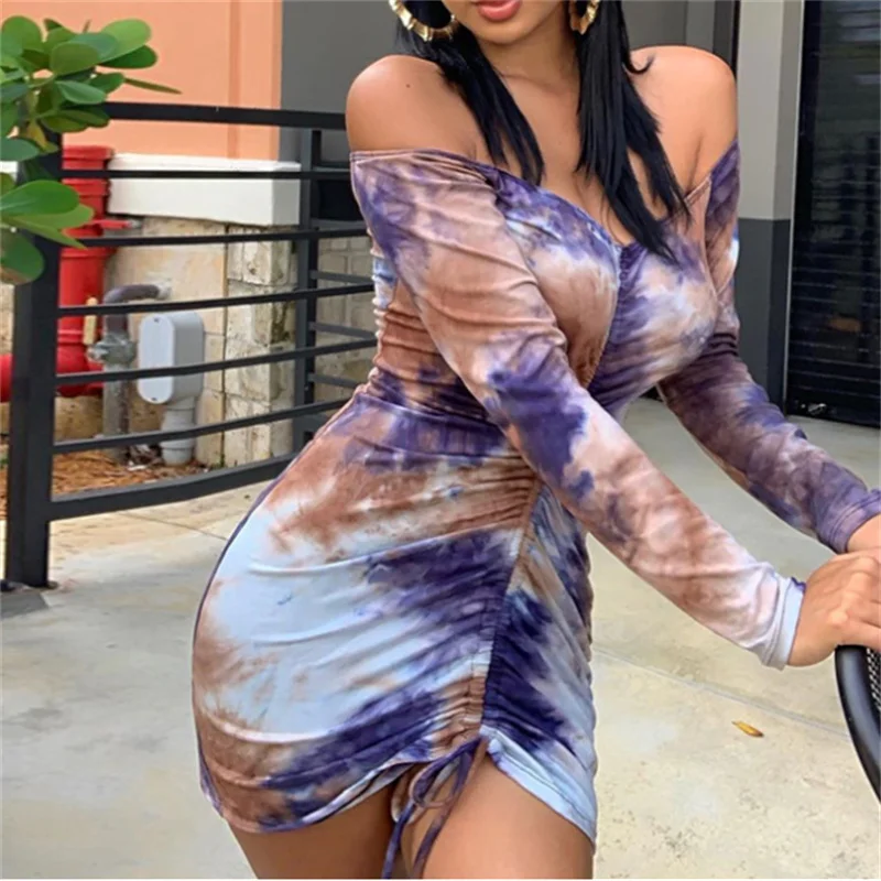 

Женское сексуальное повседневное облегающее платье с длинным рукавом и открытыми плечами, модное короткое платье с принтом на завязках