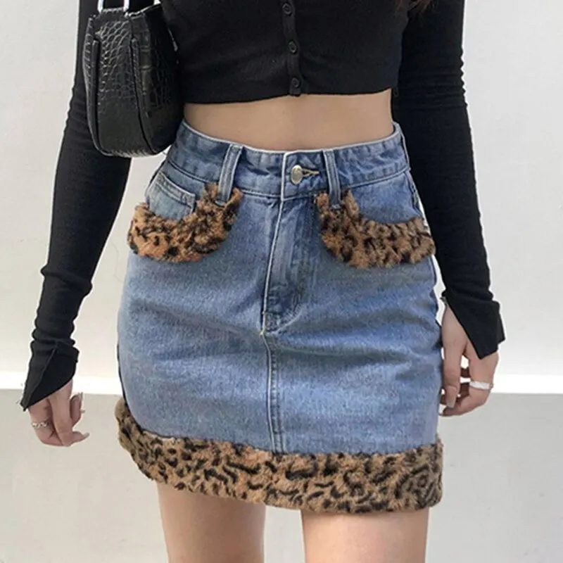 

WENYUJH Leopard Fur Edge Denim Skirt Woman Preppy Style School Girls 90s Aesthetic Streetwear High Waisted Mini Skirts Y2K Jeans