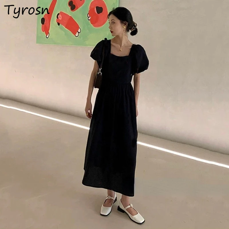 

Short Sleeve Dress Women Square Collar A-line Solid Puff-sleeve Midi Dresses Summer Temperament Vestidos Mujer French Style Chic