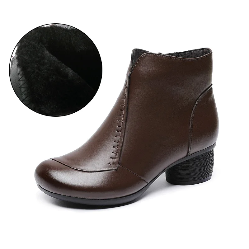 

New Retro national style middle and old age Embroidered Flower thick heel medium heel Martin Short Boots cowhide women's Boots
