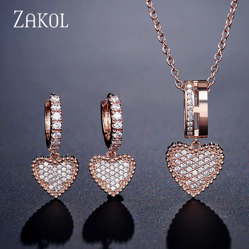 ZAKOL модное свадебное ожерелье в форме сердца с кубическим цирконием Комплект