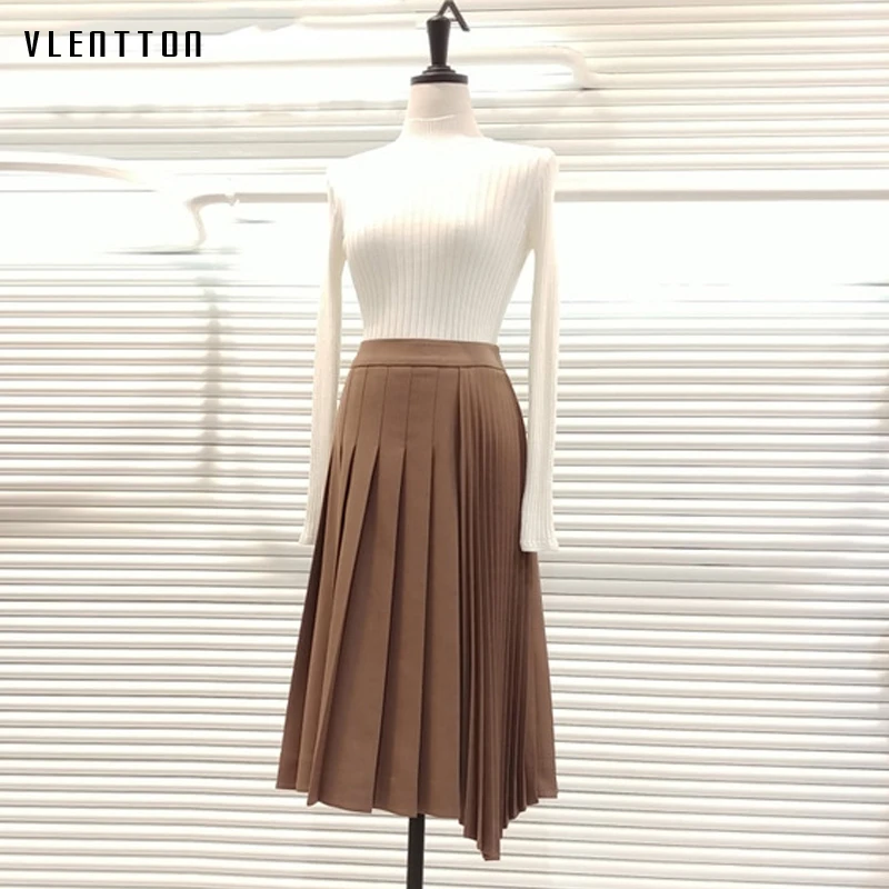 Женская плиссированная юбка винтажная однотонная офисная средней длины с