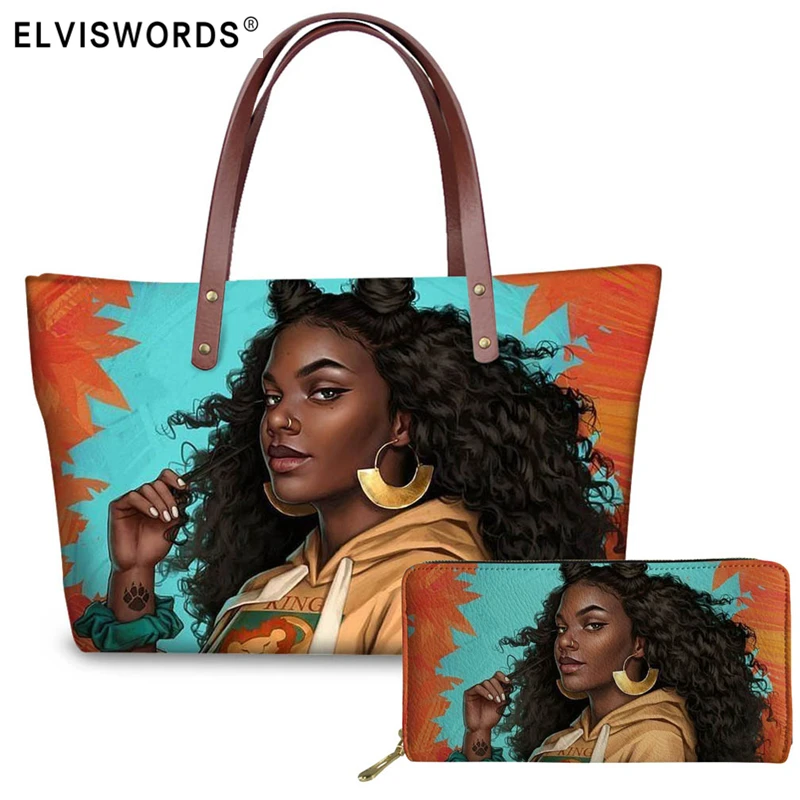 ELVISWORDS Women Bags Black Art Girl Printing Shoulder Bags 2pcs/Set Female Top-handle Handbags Leather Purse Totes Bolsa Mujer