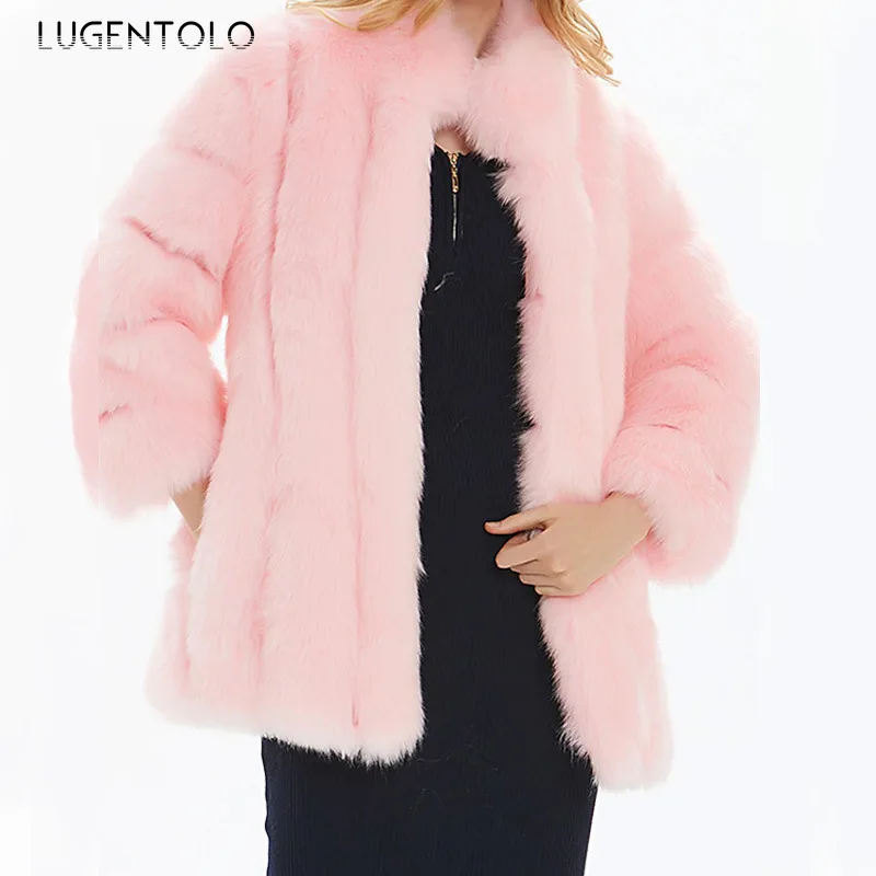 

Warm Faux Fur Women Fashion Solid Flocking Winter Thicken Coat Female Casual Loose Long Sleeve Elegant Coats Lugentolo