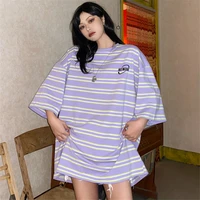 summer short sleeve t shirts for girls basic cute purple striped short sleeve blouses vintage anime korean style kawaii tops