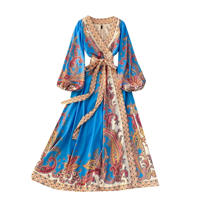 

restoring ancient ways is printing a chip crossover v-neck dress hubble-bubble sleeve loose dress show thin holiday