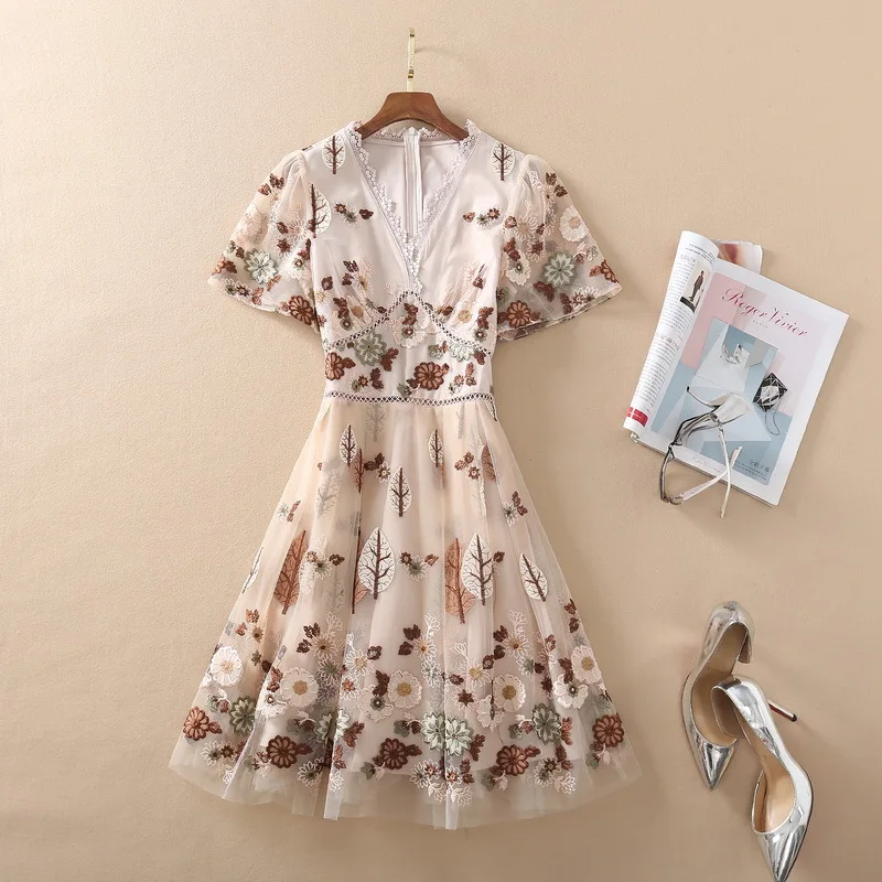 

European and American women's clothing 2021 The new spring Gauze flowers and leaves embroidery Short sleeved fashionable dress