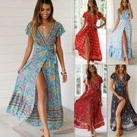 free shipping for women clothing summer fashion bohemian casual dress women robe beach outing vacation sexy v neck slit dress