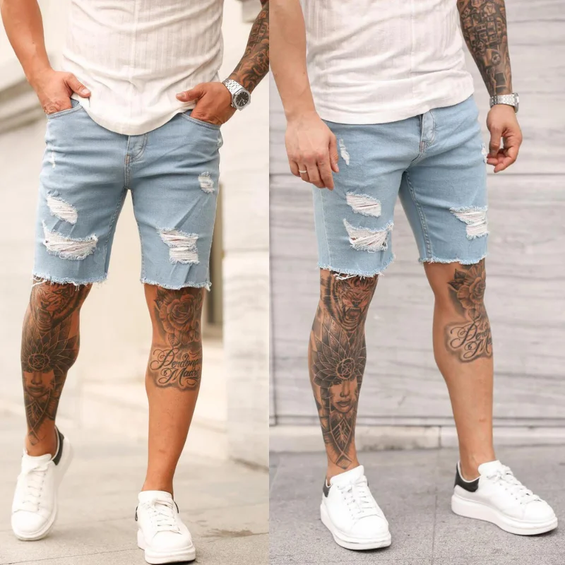 

Summer Men Ripped Denim Shorts Casual Sandy Beach Breathable Cowboy Shorts Male Skinny Hole High Quality Stretch Denim Shorts