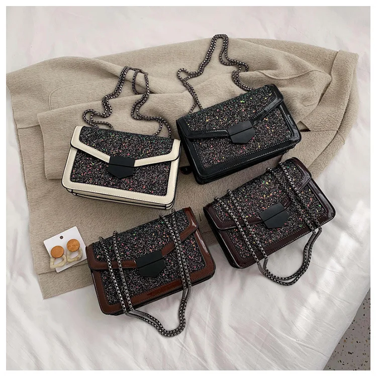 

2020 Fashion New Ladies Sequin Square bag High quality PU Leather Women's Designer Handbag Chain Shoulder Crossbody Bag Purses