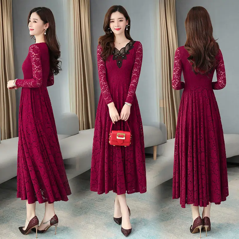 

Женское длинное платье с кружевным воротником, элегантное однотонное облегающее платье выше колена, вечернее французское платье, K1012, осень...