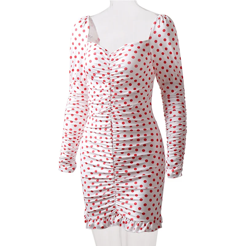 

Hot Women Summer Dress Women Pleated Polka Dot Printed Long Sleeve V-neck Slim Mini Dress for Party Summer Beach