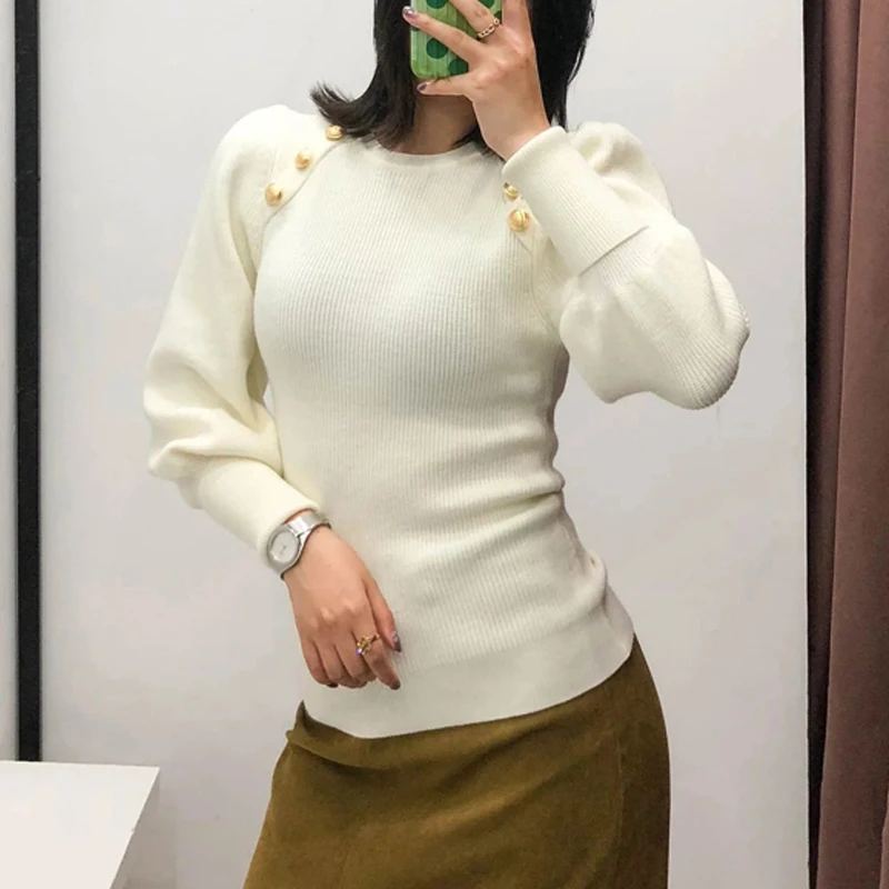 Осенне-зимние белые вязаные пуловеры свитер женские офисные свитера с золотыми