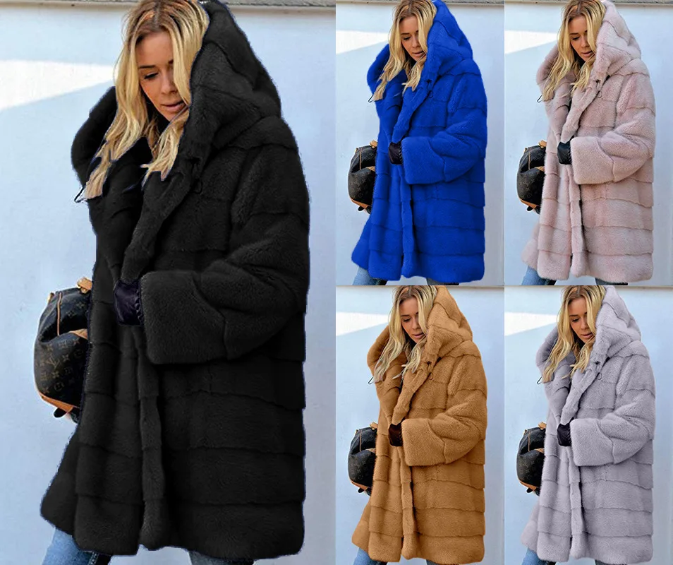 

Plush Hooded Coat Women Medium and Long Solid Color Loose Plush Hooded Coat Imitation Fur Warm Coat in Autumn and Winter