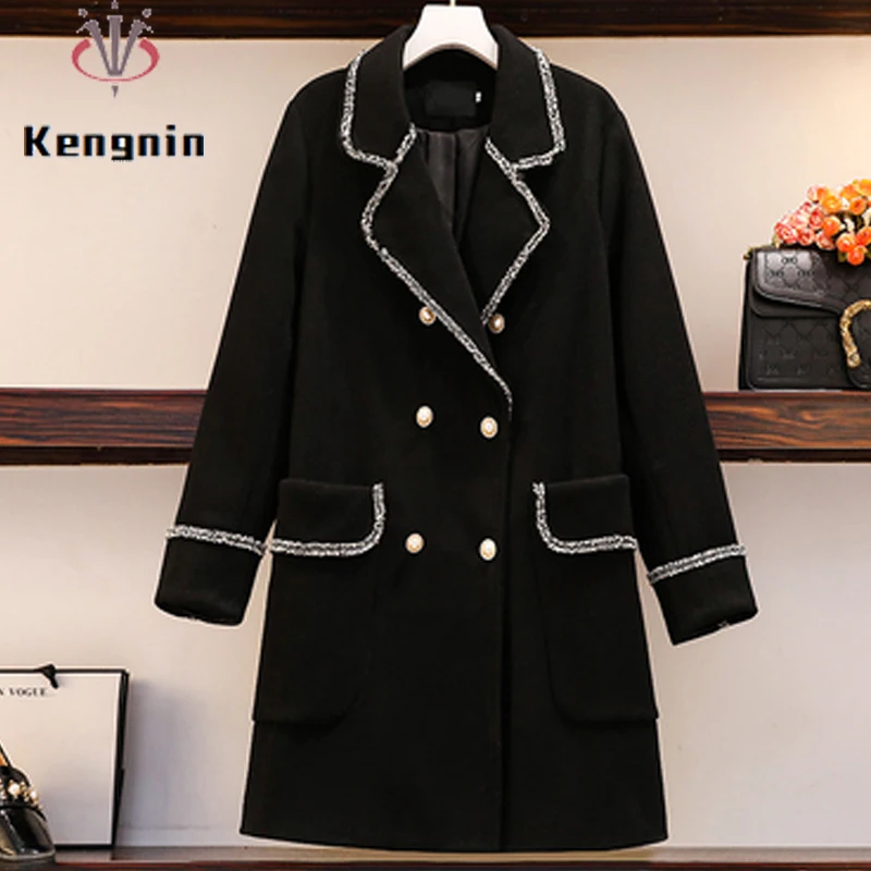 

Oversize 4XL Women's Jackets Autumn Winter Thick Ladies Outerwear Coats Wool&Blend Black Overcoat Female Pockets Coat KE1277