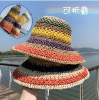 new handmade women foldable crochet knit straw hat rainbow large brim sun protection sunhat beach cap casquette femme