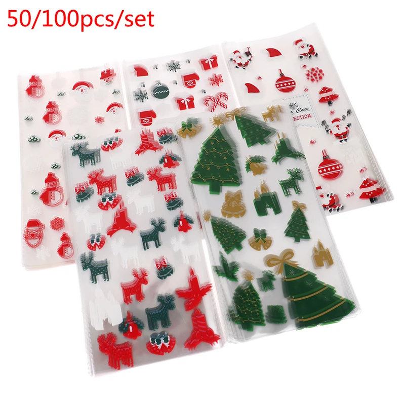 

50/100pcs Santa Claus Christmas Tree Elk PVC Bags Transparent Clear Gift Bag Christmas Candy Cookie Bag