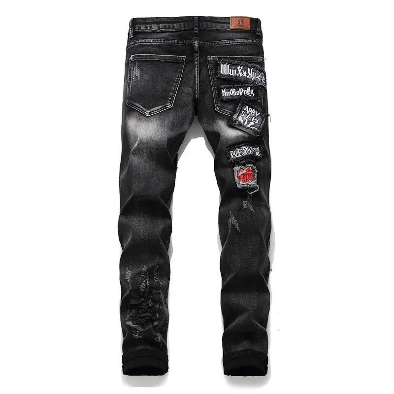 Fashion Streetwear Jeans Men Black Printing Embroidery Homme Ripped Heren Biker Stretch Pants Slim Male Casual Denim Trousers