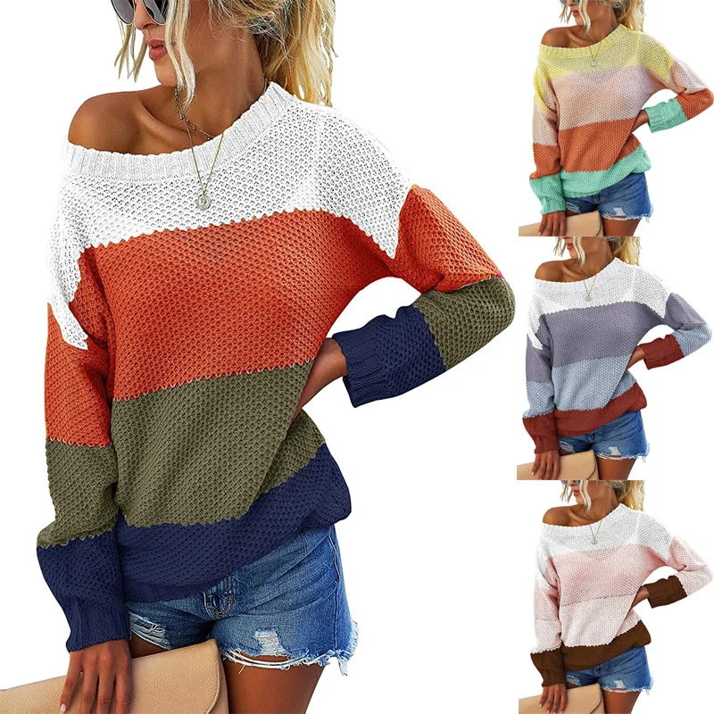 

2021 Casual Women Striped Sweater Autumn Winter O Neck Long Sleeve Sweater Loose Knit Pullover Patchwork Pull Femme Jersey Mujer