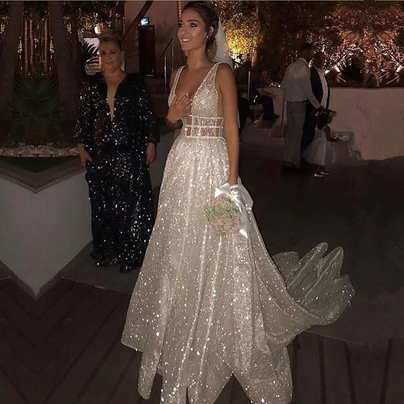 Sparkly A Line Wedding Dresses White Sequined Backless Boho Glitter Wedding Bride Gowns Robe De Soiree Shiny Vestidos De Novia off the shoulder wedding dress