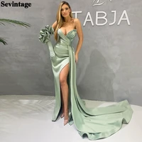 sevintage mint green mermaid evening dresses removabel drapped long sleves prom dress beaded slit side pleats long evening gowns